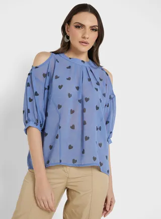 Cold Shoulder Heart Print Top 