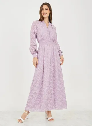 Burnout Texture Smocked Cut Out Detail A-Line Maxi Dress 