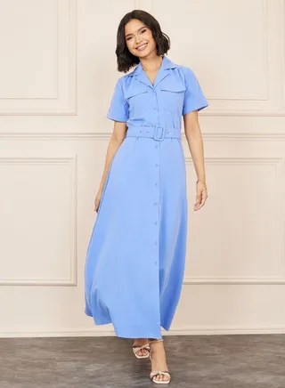 Flap Pocket Detail Belted Shirt Maxi Dress 