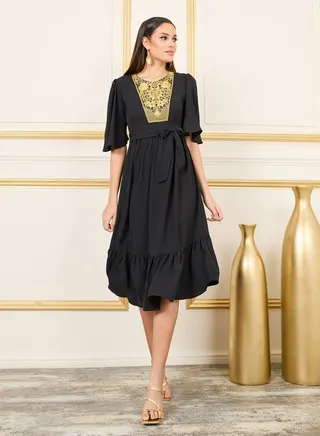 Embroidered 3/4 Sleeve Tiered Midi Dress with Tie Belt 