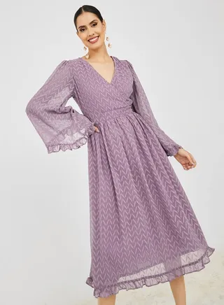 Flute Sleeve Self Design A-Line Midi Dress 