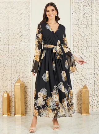 Floral Print Self Tie Up A-Line Wrap Maxi Dress 
