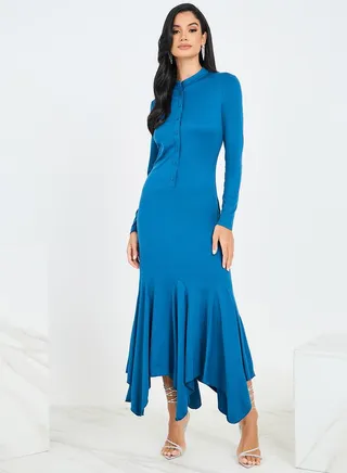 Asymmetric Hem Buttoned Sheath Maxi Dress 