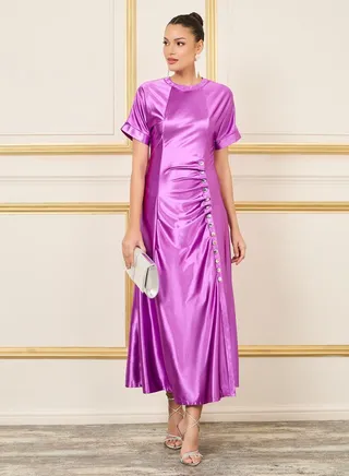 Satin Button Detail Raglan Sleeves A-Line Maxi Dress 