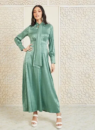 Satin Floral Jacquard Print Tie Up Neck A-Line Maxi Dress 