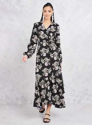 Floral Print A-Line Wrap Maxi Dress 