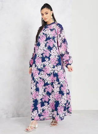 Lace Detail Floral Print Shift Maxi Dress