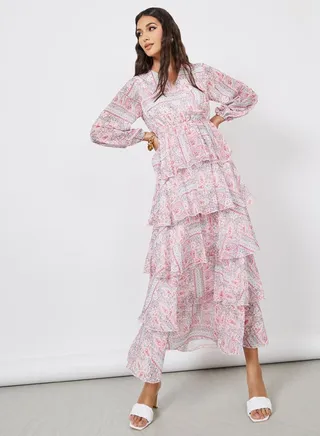Paisley Print Chiffon Tiered Maxi Dress 