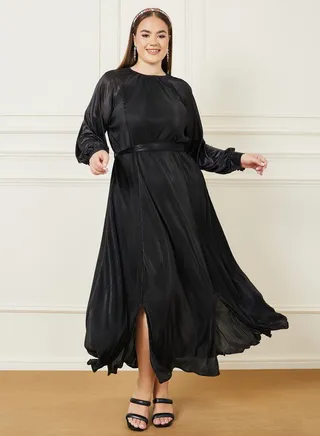 Plisse Maxi Dress with Tie Belt 