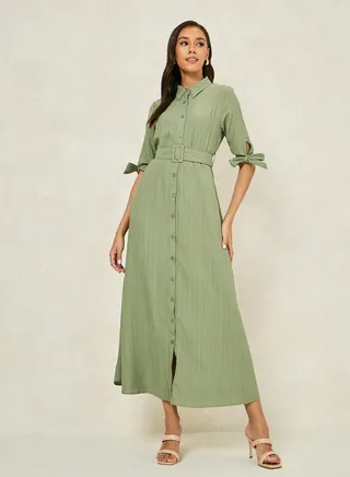 Textured Belted Shirt Maxi Dress 