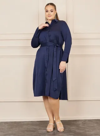 Plus Satin Self Tie Up Shirt Midi Dress 