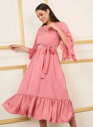 Embroidered 3/4 Sleeves A-Line Midi Dress with Tie Belt 