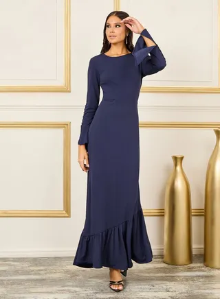 Button Loop Detail Sleeves Ruffle Hem A-Line Maxi Dress 