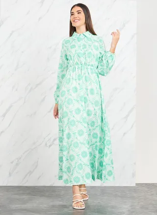 Floral Print A-Line Shirt Maxi Dress 