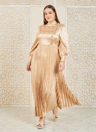 Satin Jacquard Print Accordion Pleats A-Line Maxi Dress 
