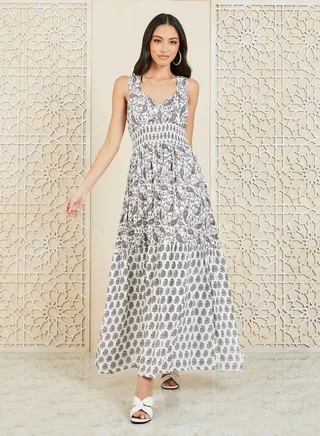 Paisley Print Smocked Detail Tiered Maxi Dress