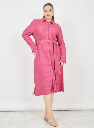 Waffle Textured Shirt Midi Dress with Self Tie Up 