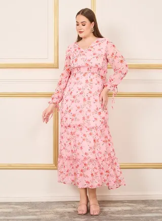 Plus Floral Print Smocked Waist A-Line Maxi Dress 