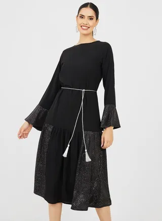 Ditsy Print A-Line Midi Dress with Self Tie 