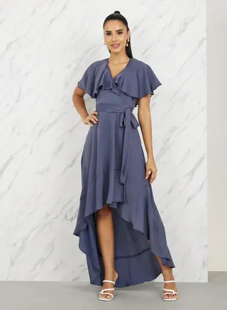 Ruffle Cape Sleeves Asymmetric Hem Wrap Maxi Dress 