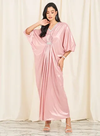 Embellished Neck Ruched Detail Metallic Maxi Dress 