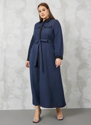 Textured A-Line Maxi Dress with Tie Belt 