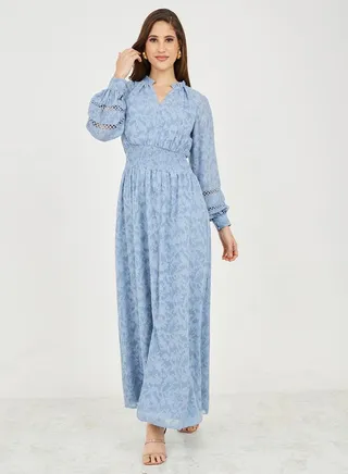 Burnout Texture Smocked Cut Out Detail A-Line Maxi Dress 