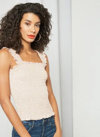 Shirred Floral Print Top Misty Rose 