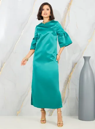 Satin Flute Sleeves Shift Maxi Dress 