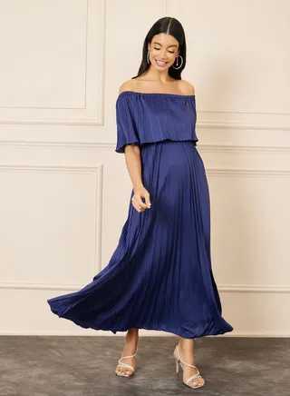 Pleated Detail Off Shoulder A-Line Maxi Dress
