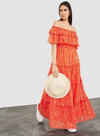 Off Shoulder All Over Print Tiered Maxi Dress