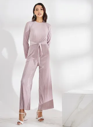 Wide Leg Plisse Jumpsuit with Tie Waist 