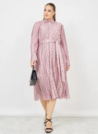 Plus Satin Plisse Spot Print Shirt Midi Dress with Self Tie Up 