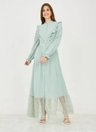 Dobby Frill Detail Lace Hem Shift Maxi Dress 