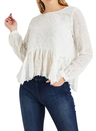 Embroidered Lace Long Sleeve Blouse White 