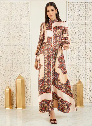 Bohemian Print A-Line Shirt Maxi Dress 