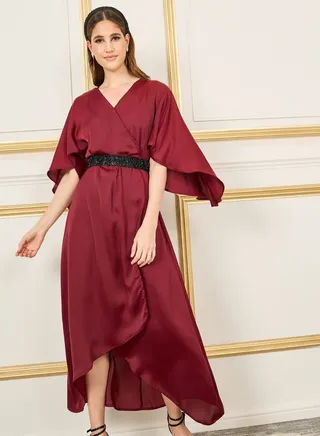 Satin Asymmetric Hem Midi Dress with Beaded Belt 