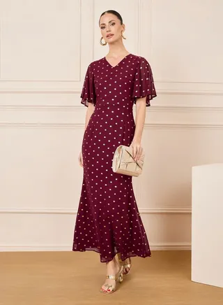 Foil Print Spot Mermaid Hem Sheath Dress 