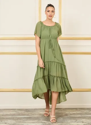 Ruffle Detail A-Line Shift Midi Dress 