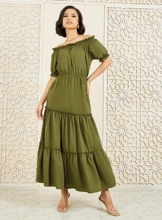 Off Shoulder Ruffle Detail Tiered Maxi Dress 