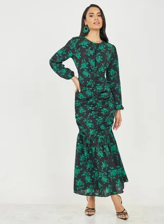 Floral Print Side Ruched Detail Mermaid Maxi Dress