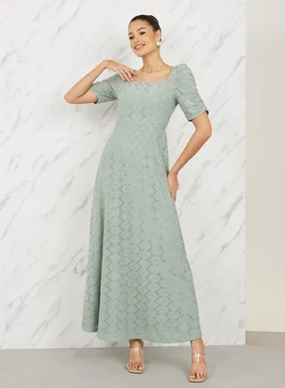 Broderie Puff Sleeves A-Line Maxi Dress 