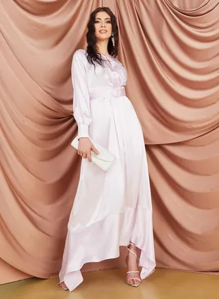 Asymmetric Hem Belted A-Line Maxi Dress 