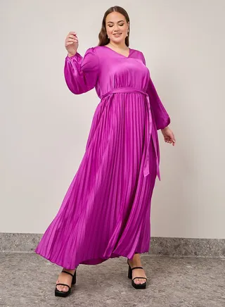 Accordion Pleated Maxi Dress with Self Tie 