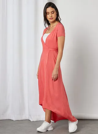 Wrap High-Low V-Neck Dress Coral 