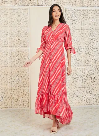 Diagonal Print Button Detail A-Line Maxi Dress 