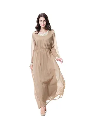 Round Neck Chiffon Dress Camel 