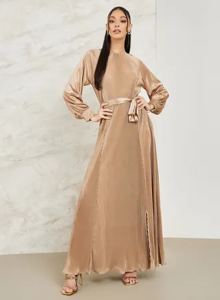 Plisse A-Line Maxi Dress with Side Slit 