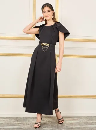 Pleated Cape Sleeves Chain Accent Belted A-Line Midi Dress 
