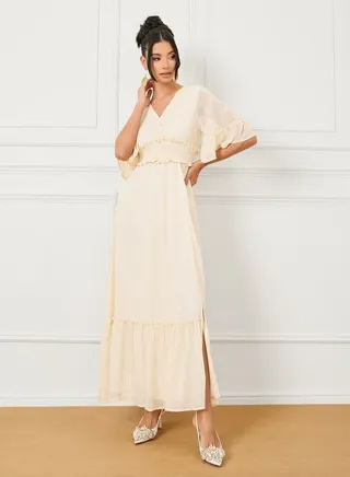 Smocked Waist Ruffle Detail A-Line Maxi Dress with Side Slit 